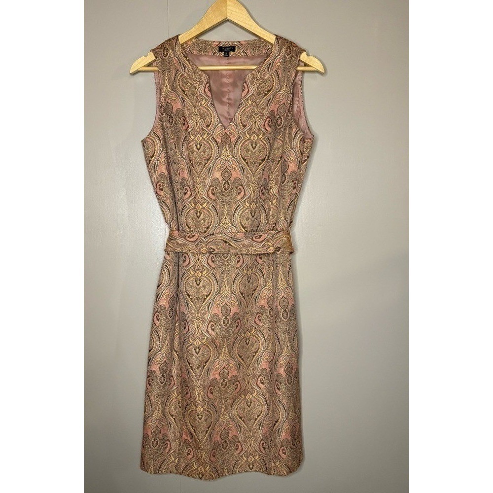 Talbots Silk Blend Paisley Sheath Dress Metallic Belted Midi Size 8